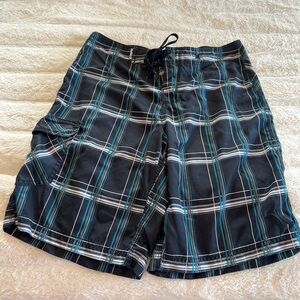 Men's Black and Blue Plaid Swim Shorts